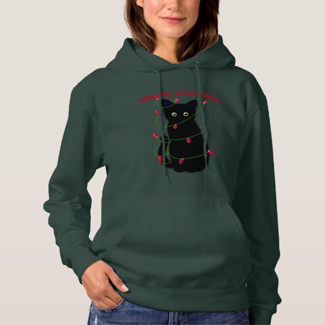 Meowy cat Christmas red green twinkle lights Hoodie (Front)