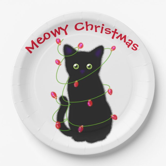 Meowy cat Christmas red green twinkle lights Paper Plate (Front)