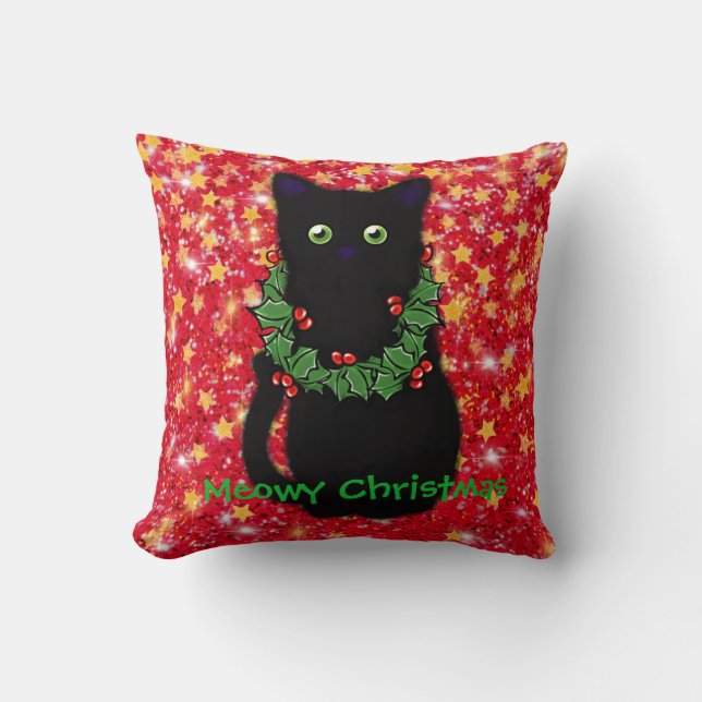 Meowy cat Christmas red green wreath sparkly  Cushion (Front)