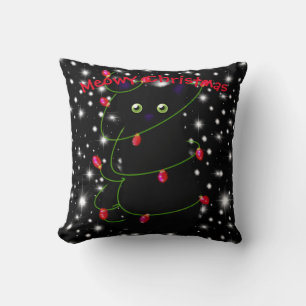 Meowy cat Christmas red twinkle lights stars Cushion