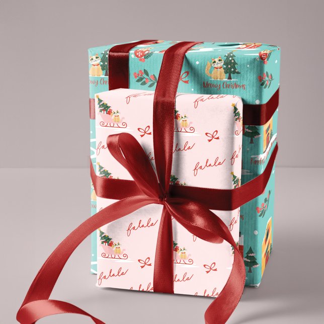 Meowy Cat Christmas Sleigh Winter Village Scene Wrapping Paper Sheet (Meowy Cat Christmas Sleigh Winter Village Scene Wrapping Paper Sheets)