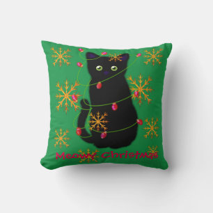 Meowy cat Christmas   sparkling  gold snowflakes Cushion