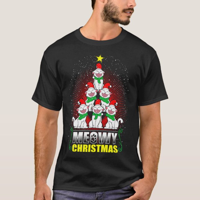 Meowy Cat Christmas Tree Lights Funny Kitten X-Mas T-Shirt (Front)