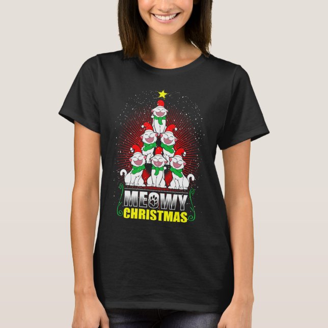 Meowy Cat Christmas Tree Lights Funny Kitten X-Mas T-Shirt (Front)