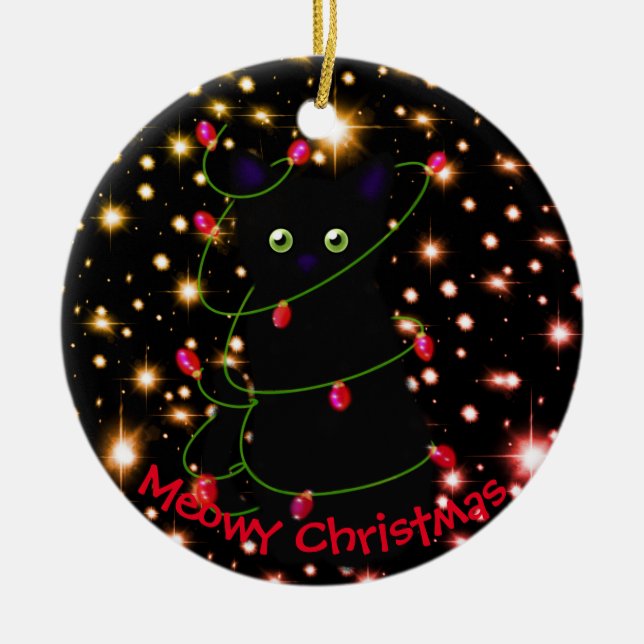 Meowy cat Christmas Twinkle lights Ceramic Tree Decoration (Front)