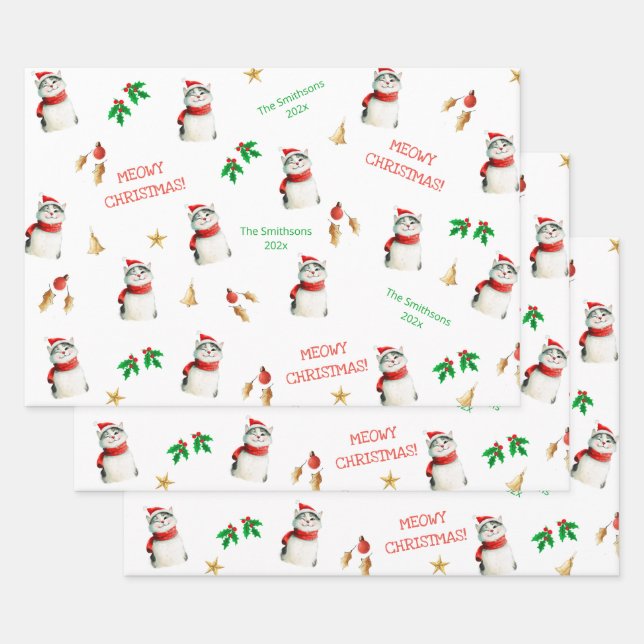 Meowy Cat Personalised Cute Christmas Wrapping Paper Sheet (Set)