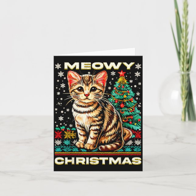 Meowy Cat Ugly Christmas Sweater Shirt  Card (Front)