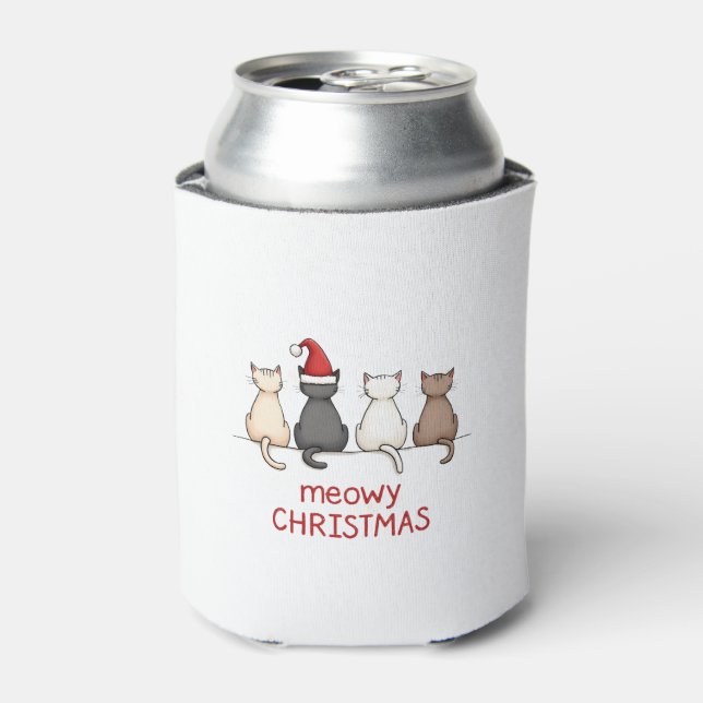 Meowy Catmas Cat Christmas Cute Kitten Cats Santa  Can Cooler (Can Front)