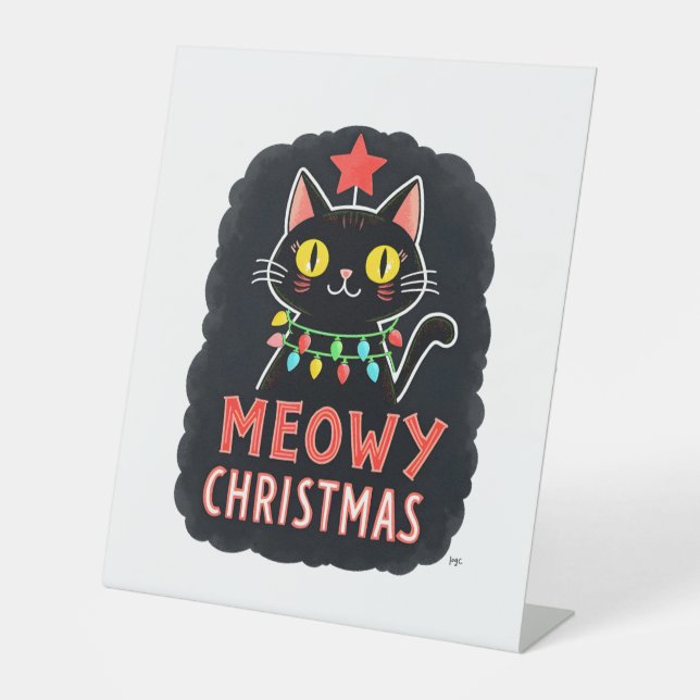 Meowy Catmas Cat Christmas Cute Kitten Cats Santa  Pedestal Sign (Front)