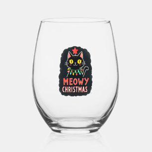 Meowy Catmas Cat Christmas Cute Kitten Cats Santa Stemless Wine Glass