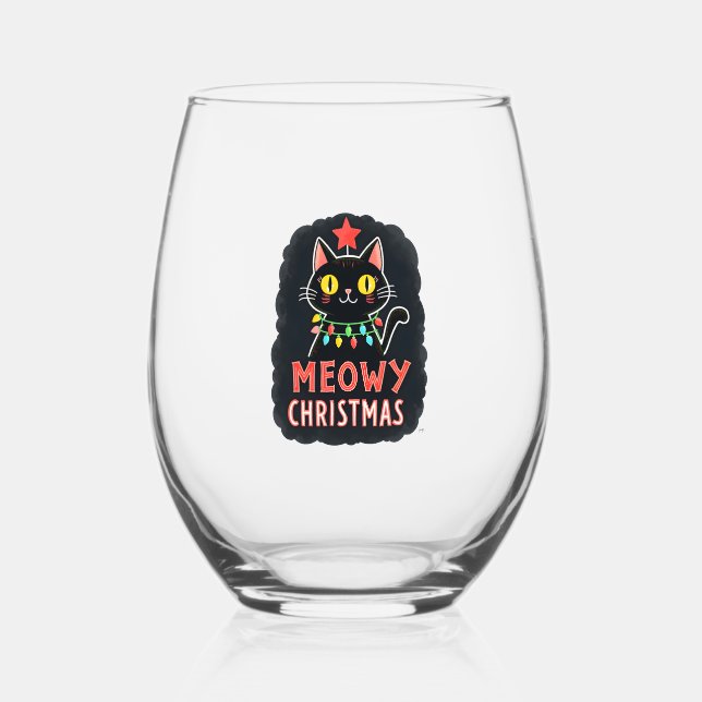 Meowy Catmas Cat Christmas Cute Kitten Cats Santa  Stemless Wine Glass (Front)