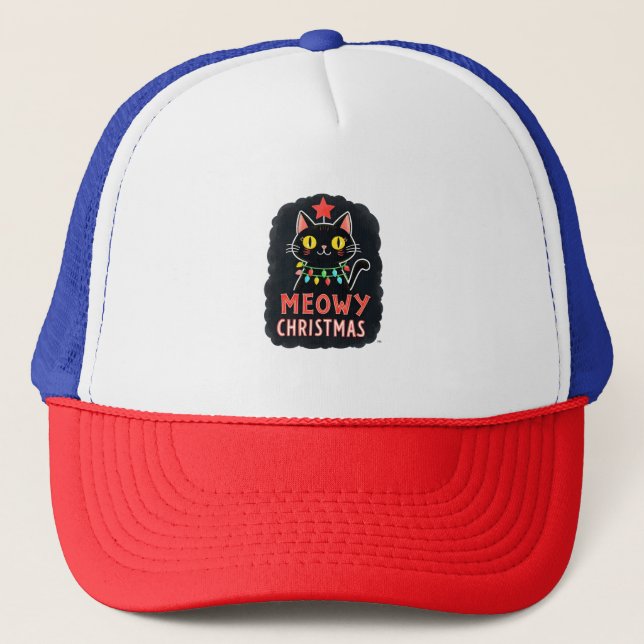 Meowy Catmas Cat Christmas Cute Kitten Cats Santa  Trucker Hat (Front)