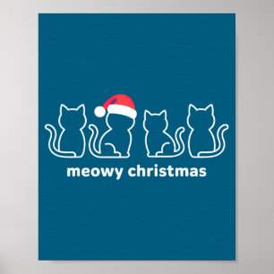 Meowy Catmas Cat Christmas Kitten Cats Santa Hat X Poster