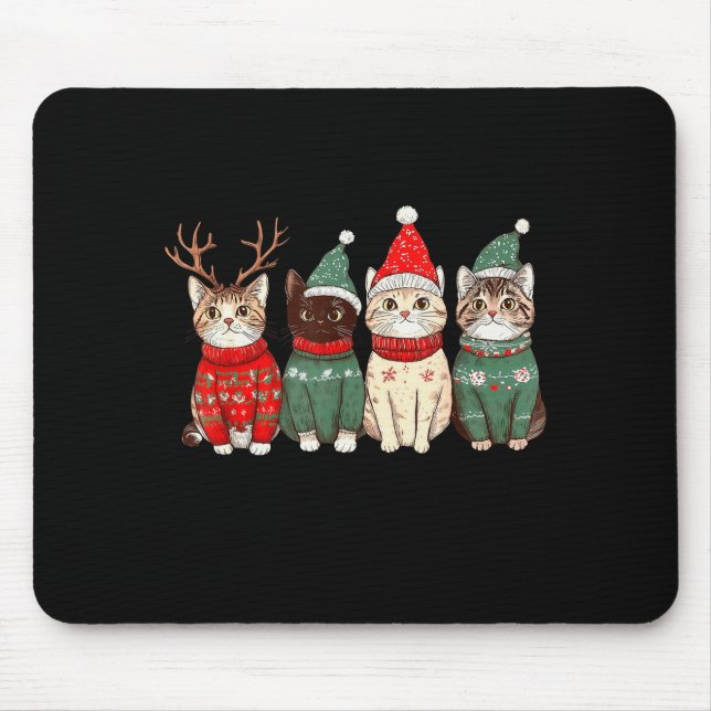 Meowy Catmas Cat Christmas Lights Xmas Pyjamas Cat Mouse Mat (Front)