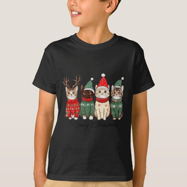 Meowy Catmas Cat Christmas Lights Xmas Pyjamas Cat T-Shirt (Front)