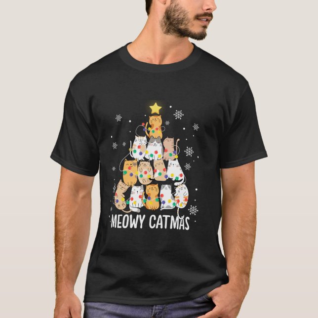 Meowy Catmas Cat Christmas Tree Lights Kitten Xmas T-Shirt (Front)