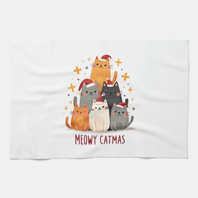 Meowy Catmas Cat Christmas Tree Xmas (1) Tea Towel (Horizontal)
