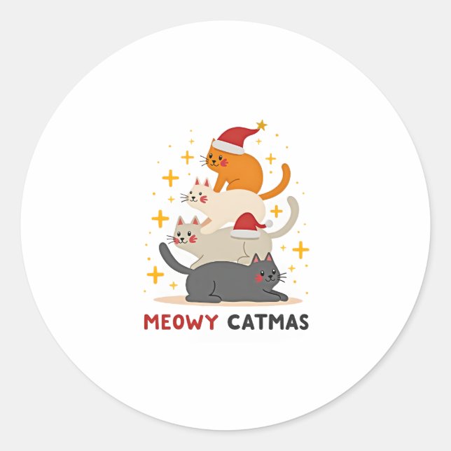 Meowy Catmas Cat Christmas Tree Xmas (2) Classic Round Sticker (Front)