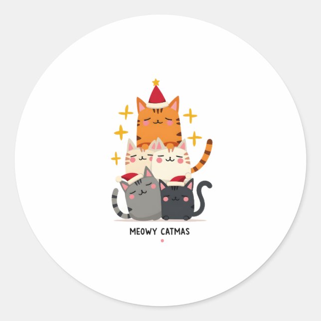 Meowy Catmas Cat Christmas Tree Xmas (3) Classic Round Sticker (Front)