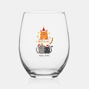 Meowy Catmas Cat Christmas Tree Xmas (3) Stemless Wine Glass