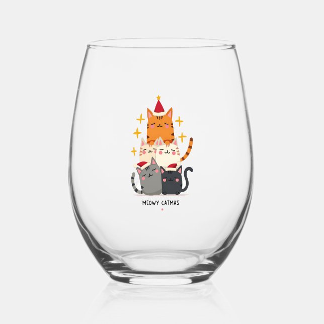 Meowy Catmas Cat Christmas Tree Xmas (3) Stemless Wine Glass (Front)
