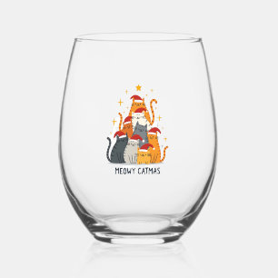 Meowy Catmas Cat Christmas Tree Xmas (4) Stemless Wine Glass