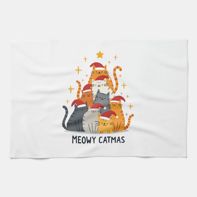 Meowy Catmas Cat Christmas Tree Xmas (4) Tea Towel (Horizontal)