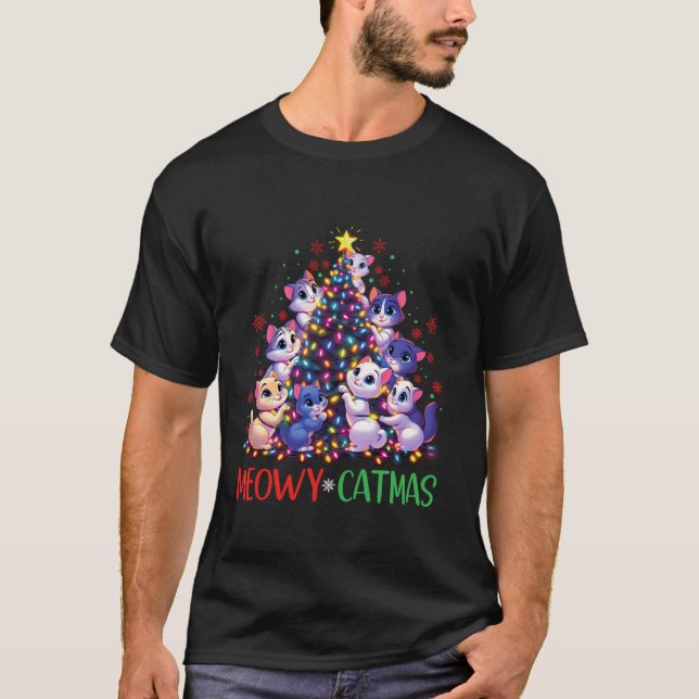 Meowy Catmas Cat Christmas Tree Xmas Boys Girls Fu T-Shirt (Front)