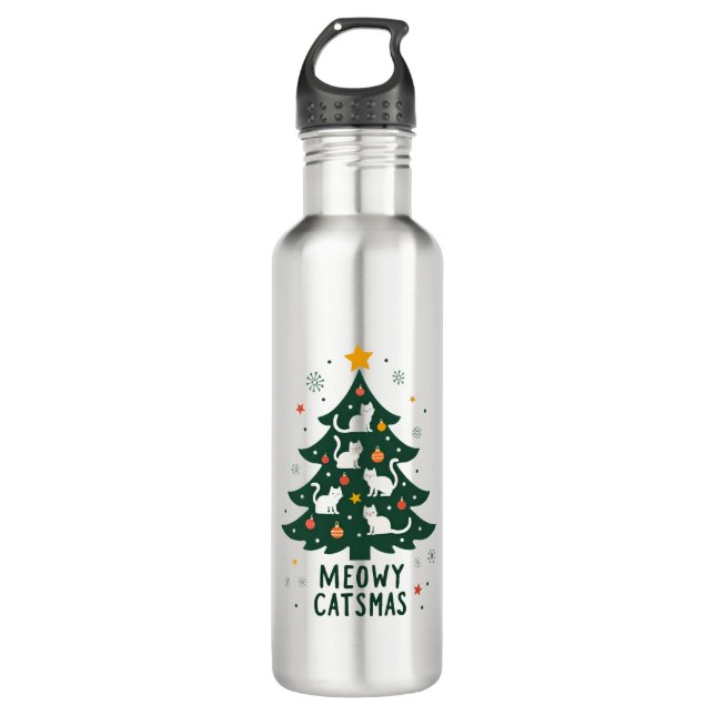 Meowy Catmas Cat Christmas Tree Xmas Funny Santa C 710 Ml Water Bottle (Front)