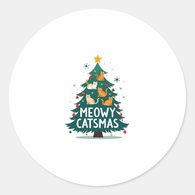Meowy Catmas Cat Christmas Tree Xmas Funny Santa C Classic Round Sticker (Front)