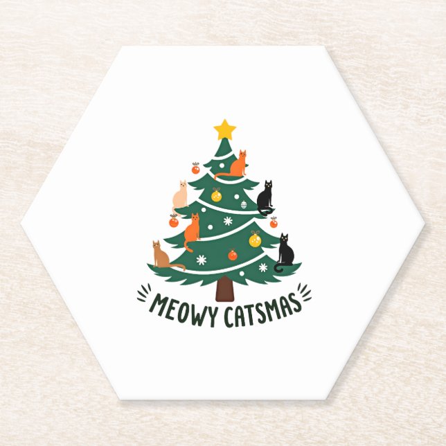 Meowy Catmas Cat Christmas Tree Xmas Funny Santa C Paper Coaster (Front)