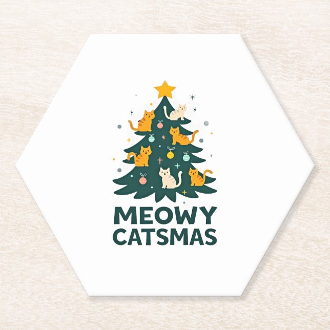 Meowy Catmas Cat Christmas Tree Xmas Funny Santa C Paper Coaster (Front)