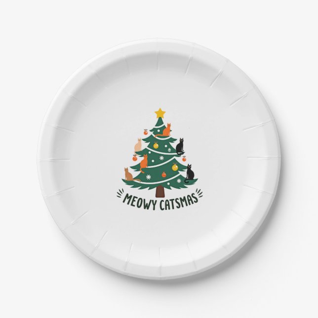 Meowy Catmas Cat Christmas Tree Xmas Funny Santa C Paper Plate (Front)