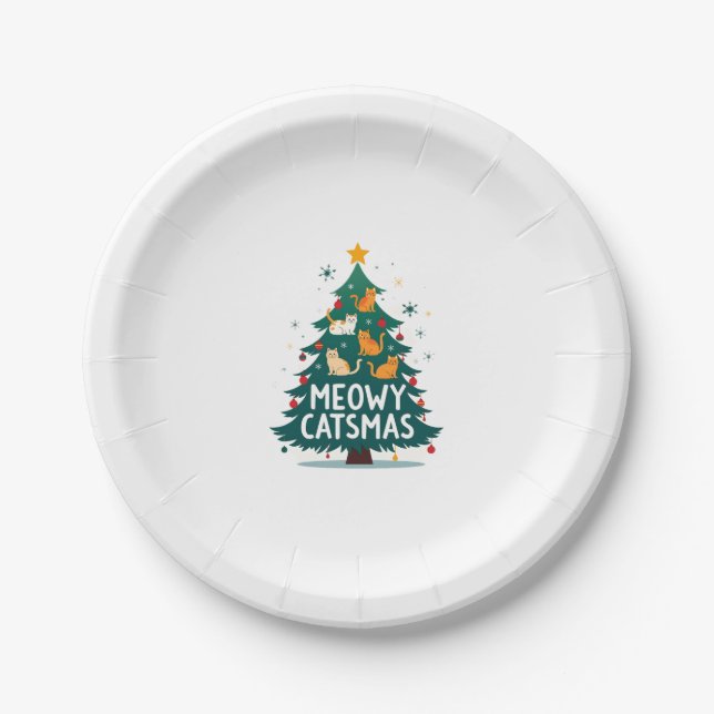 Meowy Catmas Cat Christmas Tree Xmas Funny Santa C Paper Plate (Front)