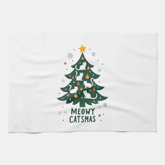 Meowy Catmas Cat Christmas Tree Xmas Funny Santa C Tea Towel (Horizontal)