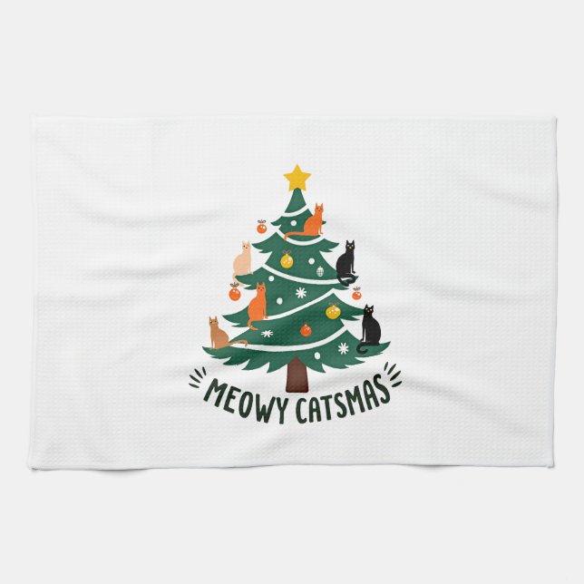 Meowy Catmas Cat Christmas Tree Xmas Funny Santa C Tea Towel (Horizontal)