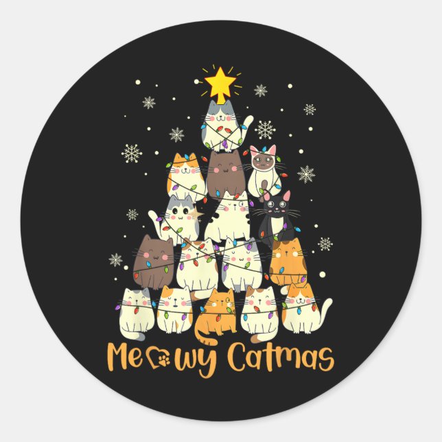 Meowy Catmas Cat Christmas Tree Xmas Girls Boys Fu Classic Round Sticker (Front)