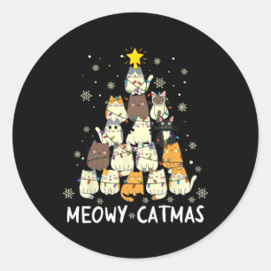 Meowy Catmas Cat Christmas Tree Xmas Girls Boys Fu Classic Round Sticker