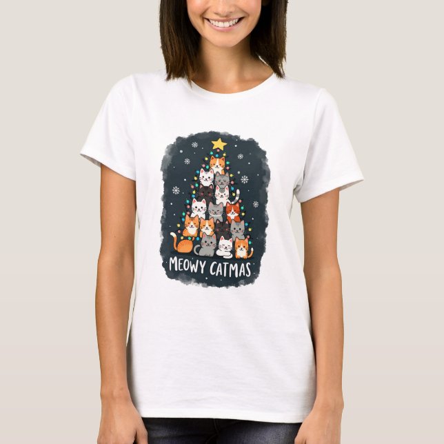 Meowy Catmas Cat Christmas Tree Xmas Girls Boys Fu T-Shirt (Front)