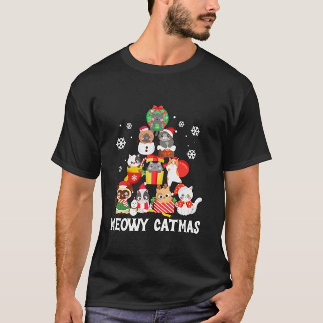 Meowy Catmas Cat Christmas Tree Xmas Girls Boys Fu T-Shirt (Front)