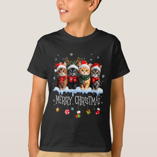 Meowy Catmas Cat Christmas Tree Xmas Girls Boys Fu T-Shirt (Front)