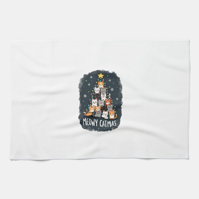 Meowy Catmas Cat Christmas Tree Xmas Girls Boys Fu Tea Towel (Horizontal)