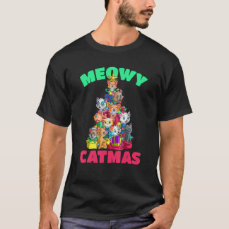 Meowy Catmas Cat Christmas Tree Xmas Girls Boys Ki T-Shirt