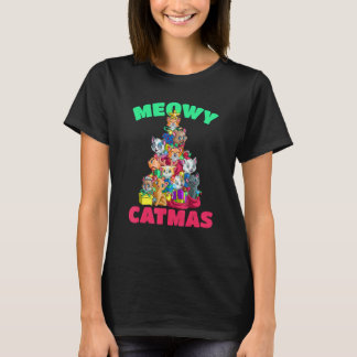 Meowy Catmas Cat Christmas Tree Xmas Girls Boys Ki T-Shirt