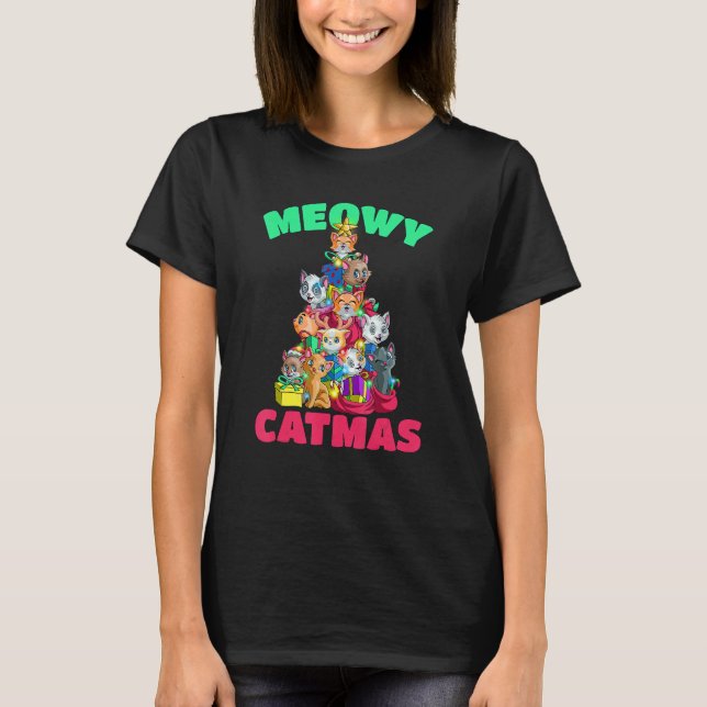 Meowy Catmas Cat Christmas Tree Xmas Girls Boys Ki T-Shirt (Front)