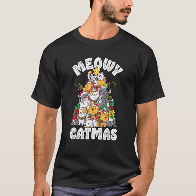 Meowy Catmas Cat Christmas Tree Xmas T-Shirt (Front)