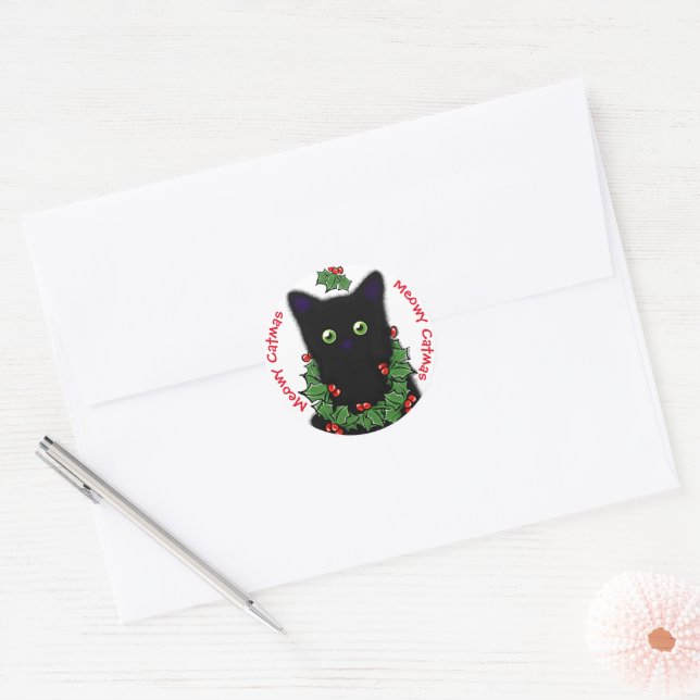 Meowy Catmas cat drawing Holly berries Christmas Classic Round Sticker (Envelope)