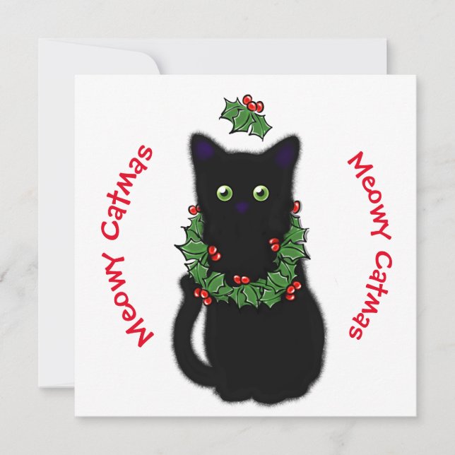 Meowy Catmas cat drawing Holly berries Christmas Invitation (Front)