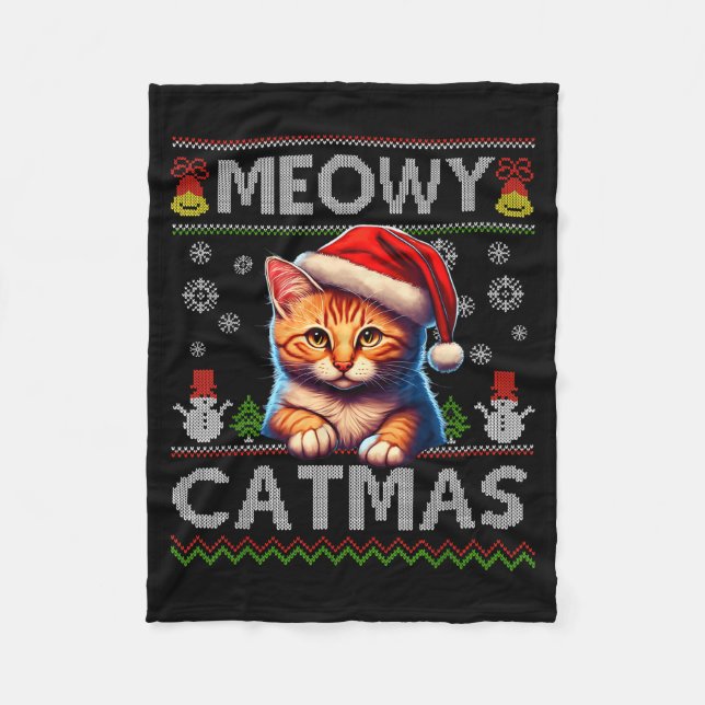 Meowy Catmas Cat Santa Christmas Kitten Xmas Ugly  Fleece Blanket (Front)