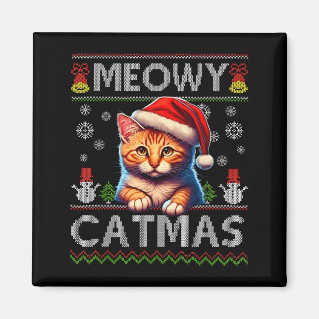 Meowy Catmas Cat Santa Christmas Kitten Xmas Ugly  Magnet (Front)